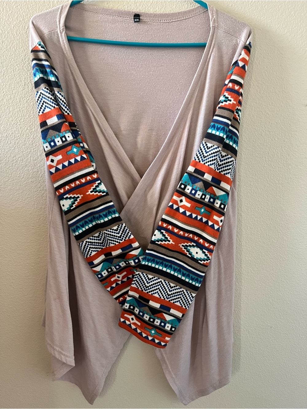 Source Unknown Beige Open-Front Cardigan with Multicolor Aztec Sleeves